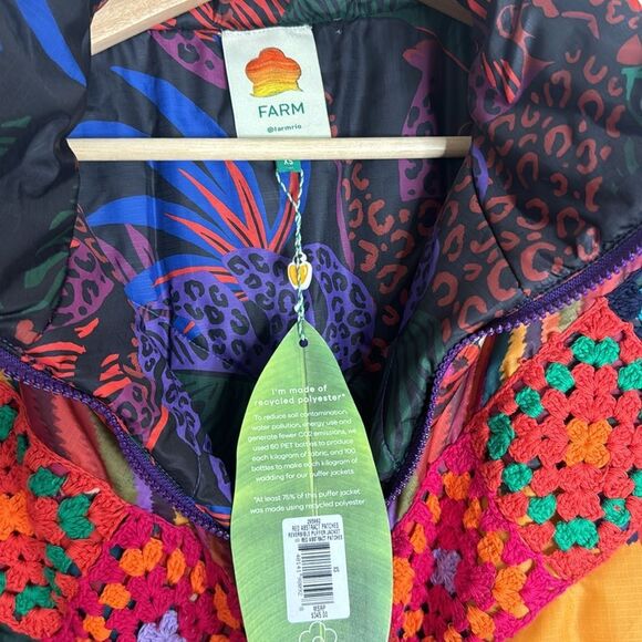 Farm Rio ABSTRACT PATCHES REVERSIBLE PUFFER JACKET colorful crochet XS M - Picture 12 of 16